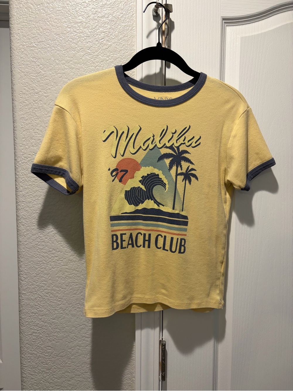 T.J.Maxx Yellow Malibu '97 Beach Club Ringer Tee with Navy Trim
